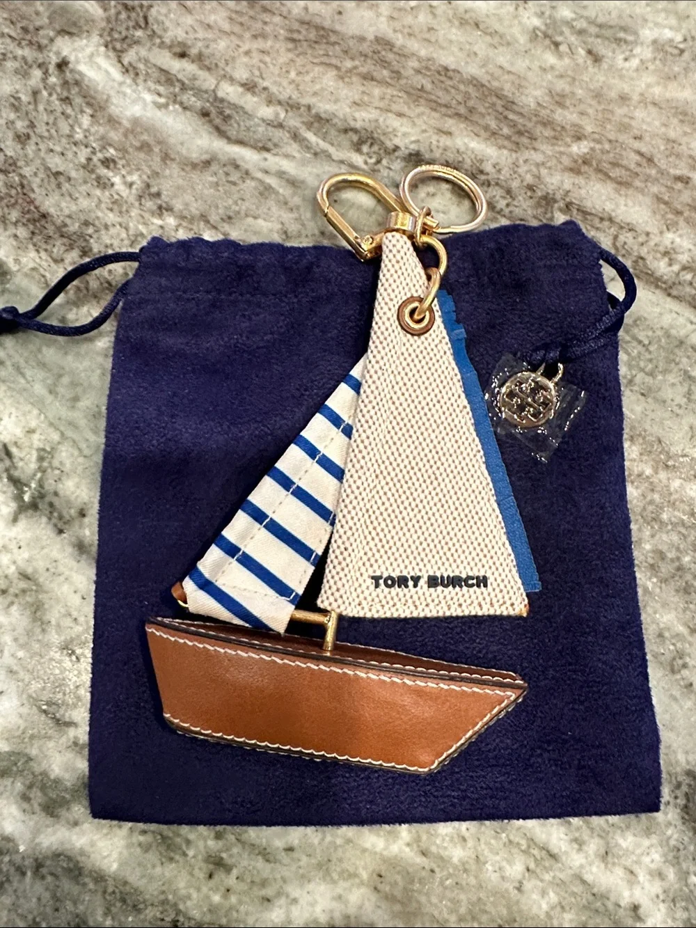 Tory Burch Sailboat Bag Charm Keychain Nautical Leather Canvas Dust Bag